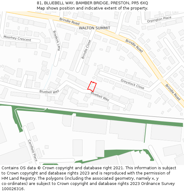 81, BLUEBELL WAY, BAMBER BRIDGE, PRESTON, PR5 6XQ: Location map and indicative extent of plot