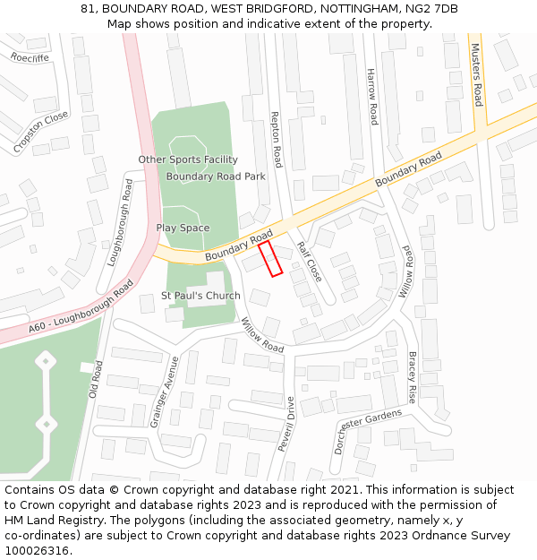 81, BOUNDARY ROAD, WEST BRIDGFORD, NOTTINGHAM, NG2 7DB: Location map and indicative extent of plot