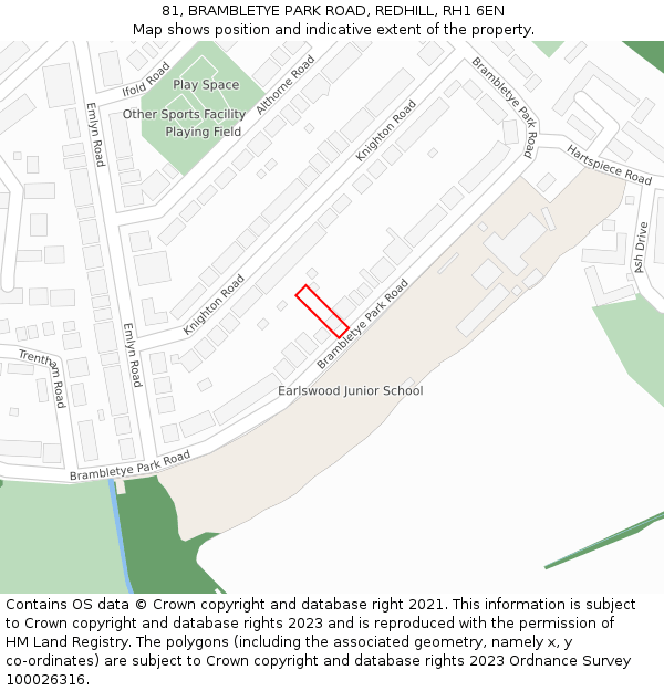 81, BRAMBLETYE PARK ROAD, REDHILL, RH1 6EN: Location map and indicative extent of plot