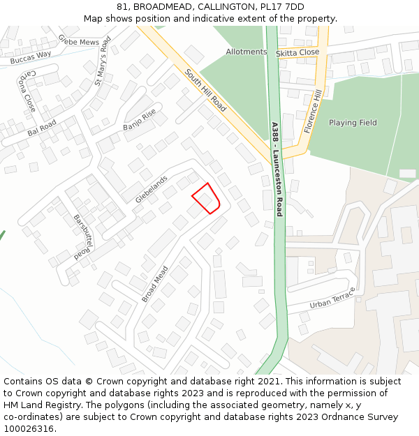 81, BROADMEAD, CALLINGTON, PL17 7DD: Location map and indicative extent of plot