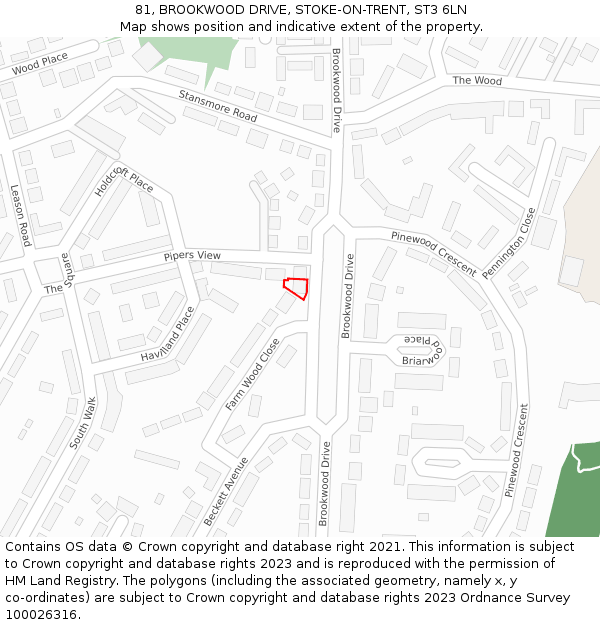 81, BROOKWOOD DRIVE, STOKE-ON-TRENT, ST3 6LN: Location map and indicative extent of plot