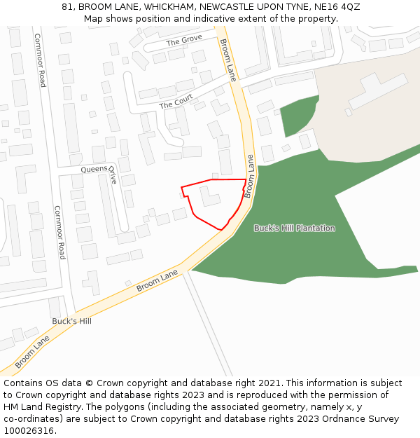 81, BROOM LANE, WHICKHAM, NEWCASTLE UPON TYNE, NE16 4QZ: Location map and indicative extent of plot