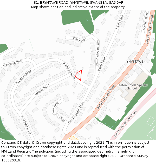 81, BRYNTAWE ROAD, YNYSTAWE, SWANSEA, SA6 5AF: Location map and indicative extent of plot