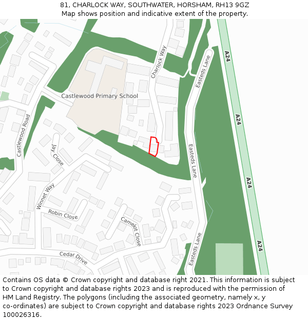 81, CHARLOCK WAY, SOUTHWATER, HORSHAM, RH13 9GZ: Location map and indicative extent of plot