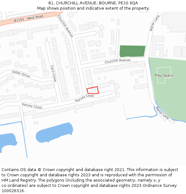 81, CHURCHILL AVENUE, BOURNE, PE10 9QA: Location map and indicative extent of plot