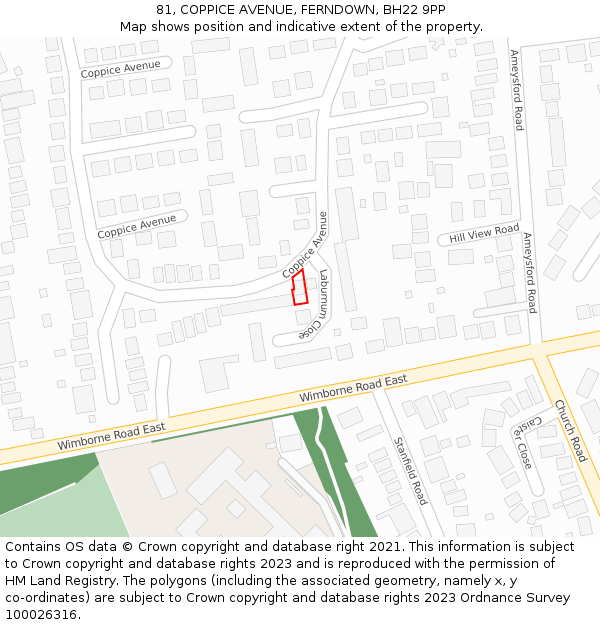 81, COPPICE AVENUE, FERNDOWN, BH22 9PP: Location map and indicative extent of plot