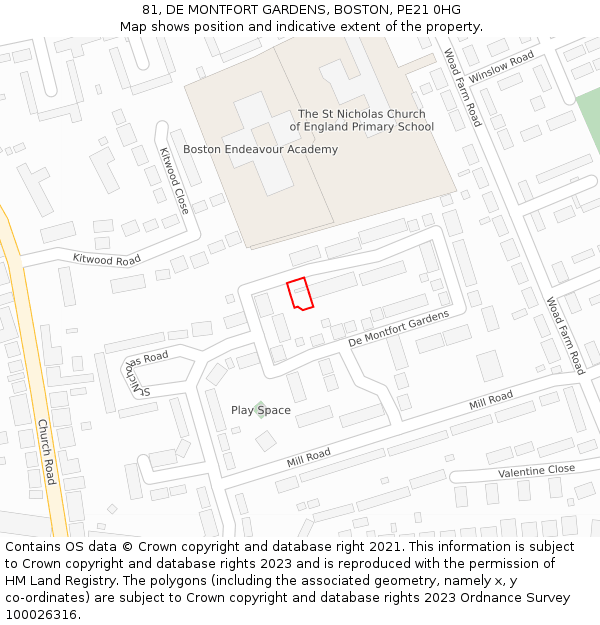 81, DE MONTFORT GARDENS, BOSTON, PE21 0HG: Location map and indicative extent of plot