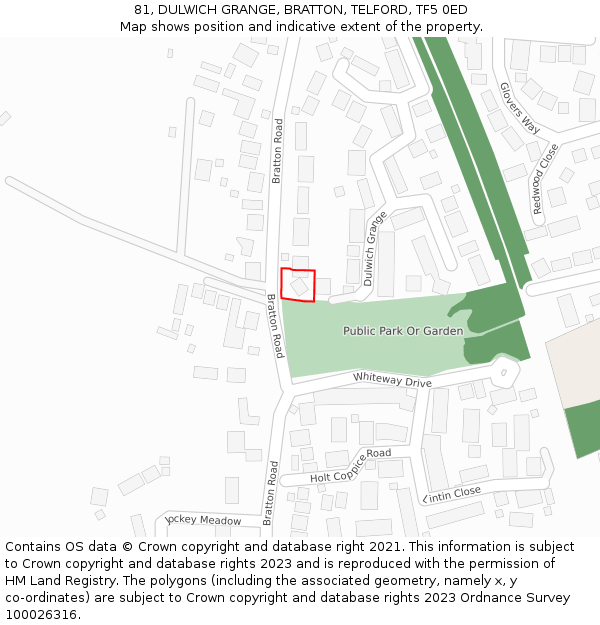 81, DULWICH GRANGE, BRATTON, TELFORD, TF5 0ED: Location map and indicative extent of plot