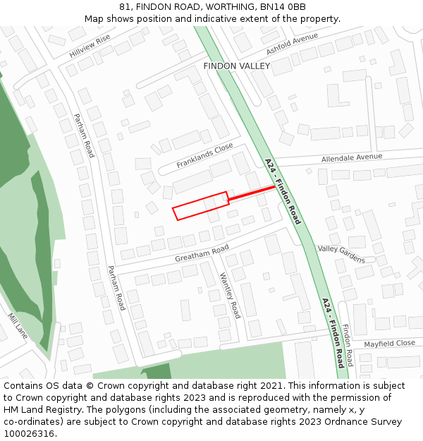 81, FINDON ROAD, WORTHING, BN14 0BB: Location map and indicative extent of plot