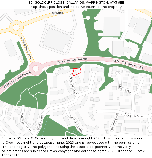 81, GOLDCLIFF CLOSE, CALLANDS, WARRINGTON, WA5 9EE: Location map and indicative extent of plot