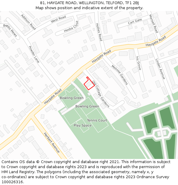 81, HAYGATE ROAD, WELLINGTON, TELFORD, TF1 2BJ: Location map and indicative extent of plot