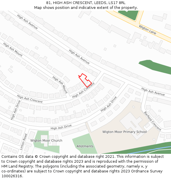 81, HIGH ASH CRESCENT, LEEDS, LS17 8RL: Location map and indicative extent of plot