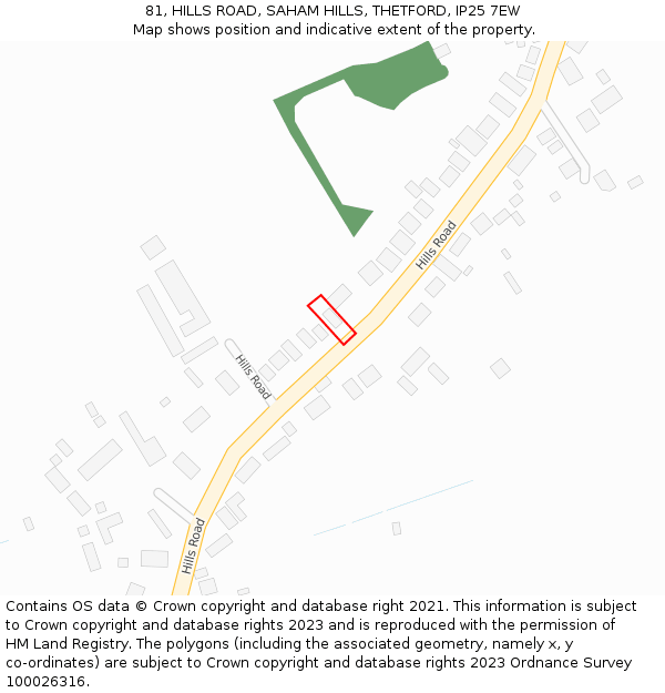 81, HILLS ROAD, SAHAM HILLS, THETFORD, IP25 7EW: Location map and indicative extent of plot