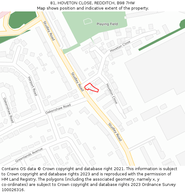 81, HOVETON CLOSE, REDDITCH, B98 7HW: Location map and indicative extent of plot