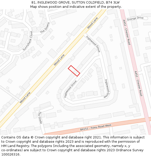 81, INGLEWOOD GROVE, SUTTON COLDFIELD, B74 3LW: Location map and indicative extent of plot