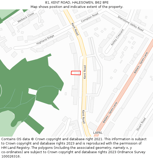 81, KENT ROAD, HALESOWEN, B62 8PE: Location map and indicative extent of plot