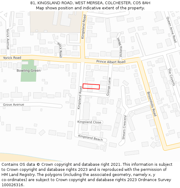 81, KINGSLAND ROAD, WEST MERSEA, COLCHESTER, CO5 8AH: Location map and indicative extent of plot