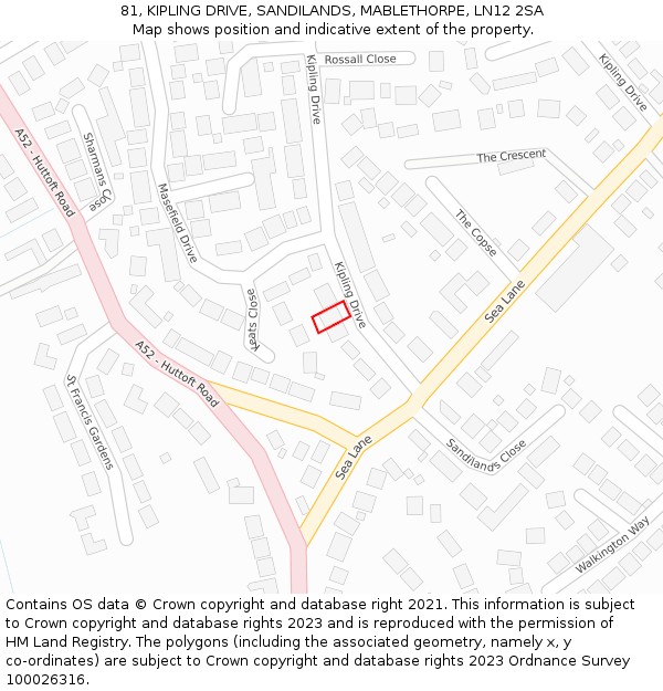 81, KIPLING DRIVE, SANDILANDS, MABLETHORPE, LN12 2SA: Location map and indicative extent of plot