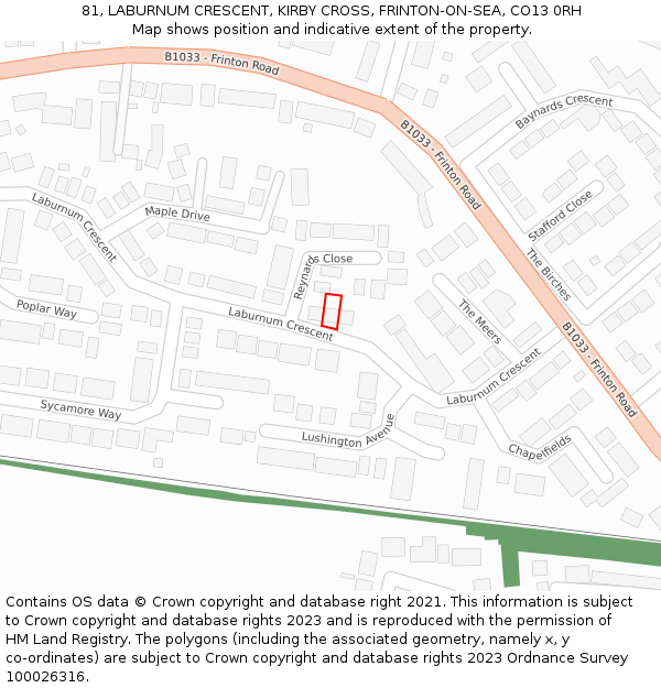 81, LABURNUM CRESCENT, KIRBY CROSS, FRINTON-ON-SEA, CO13 0RH: Location map and indicative extent of plot