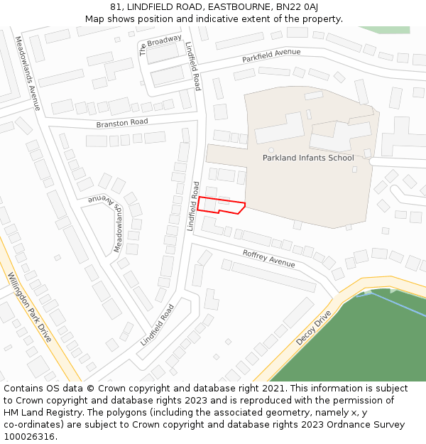 81, LINDFIELD ROAD, EASTBOURNE, BN22 0AJ: Location map and indicative extent of plot