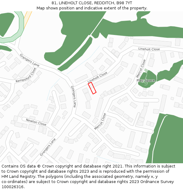 81, LINEHOLT CLOSE, REDDITCH, B98 7YT: Location map and indicative extent of plot