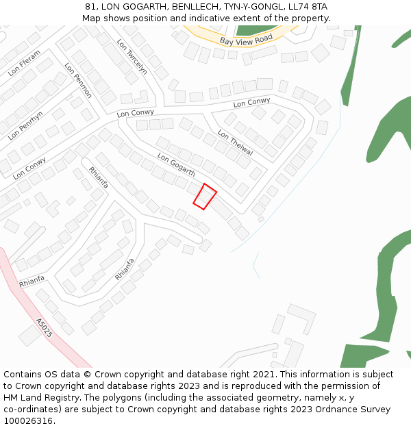 81, LON GOGARTH, BENLLECH, TYN-Y-GONGL, LL74 8TA: Location map and indicative extent of plot