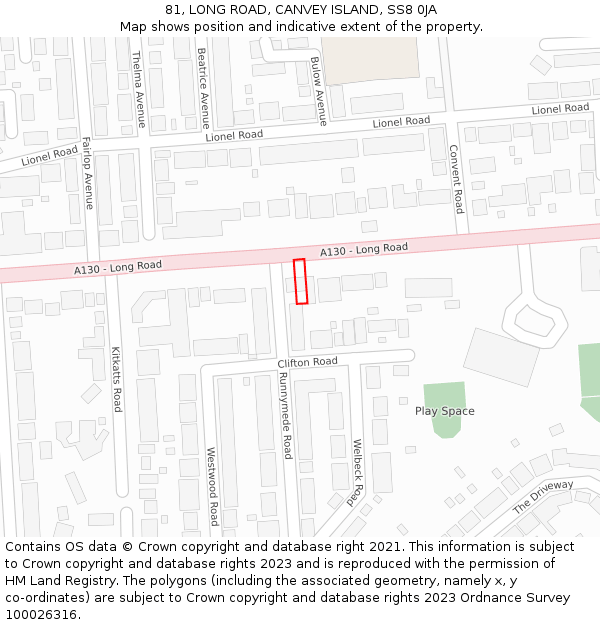 81, LONG ROAD, CANVEY ISLAND, SS8 0JA: Location map and indicative extent of plot