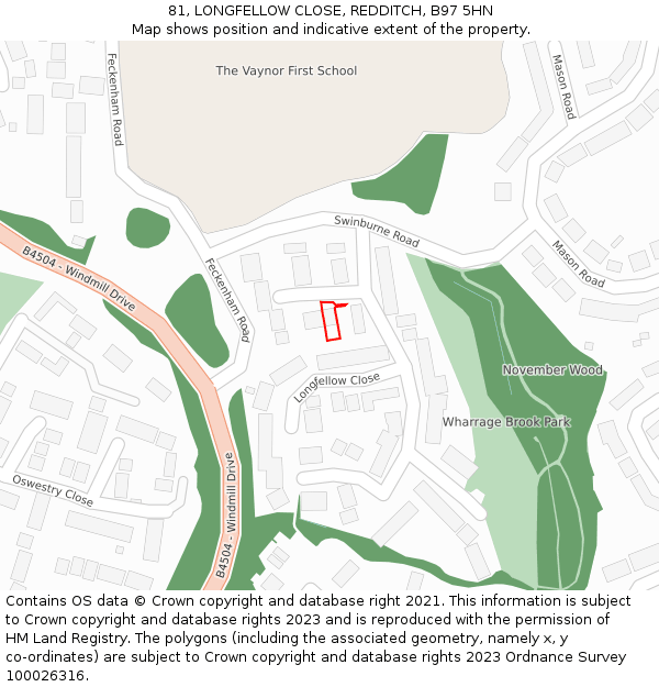 81, LONGFELLOW CLOSE, REDDITCH, B97 5HN: Location map and indicative extent of plot