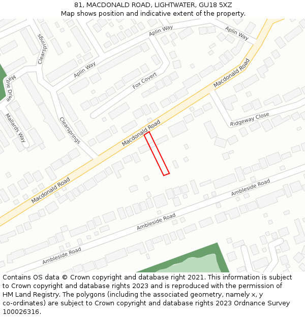 81, MACDONALD ROAD, LIGHTWATER, GU18 5XZ: Location map and indicative extent of plot