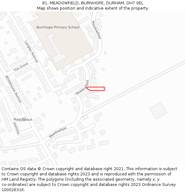 81, MEADOWFIELD, BURNHOPE, DURHAM, DH7 0EL: Location map and indicative extent of plot