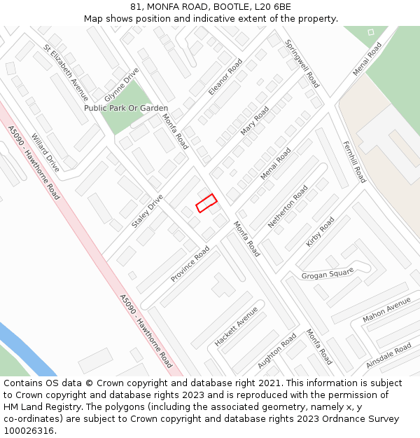 81, MONFA ROAD, BOOTLE, L20 6BE: Location map and indicative extent of plot