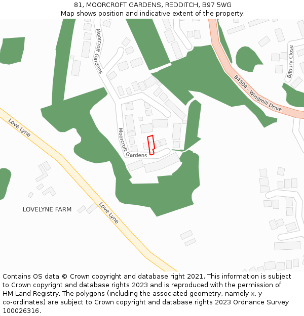 81, MOORCROFT GARDENS, REDDITCH, B97 5WG: Location map and indicative extent of plot