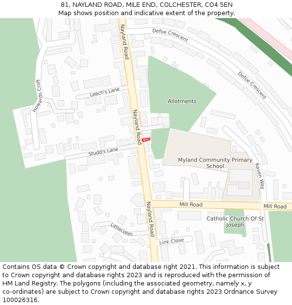 81, NAYLAND ROAD, MILE END, COLCHESTER, CO4 5EN: Location map and indicative extent of plot