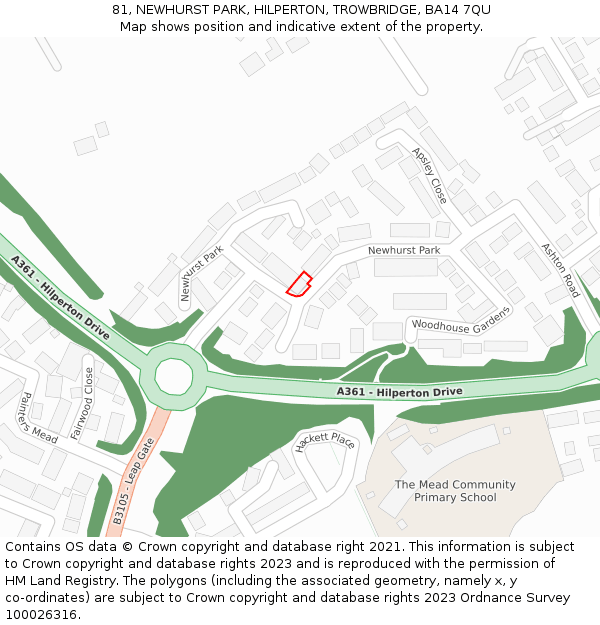 81, NEWHURST PARK, HILPERTON, TROWBRIDGE, BA14 7QU: Location map and indicative extent of plot