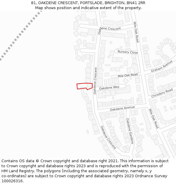 81, OAKDENE CRESCENT, PORTSLADE, BRIGHTON, BN41 2RR: Location map and indicative extent of plot