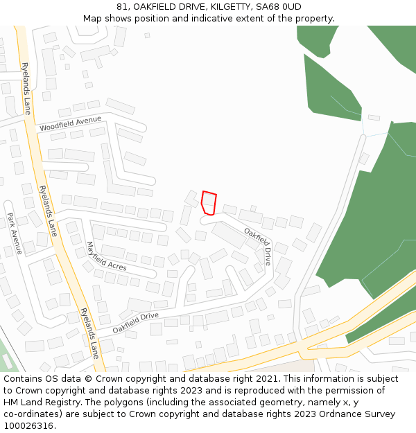 81, OAKFIELD DRIVE, KILGETTY, SA68 0UD: Location map and indicative extent of plot