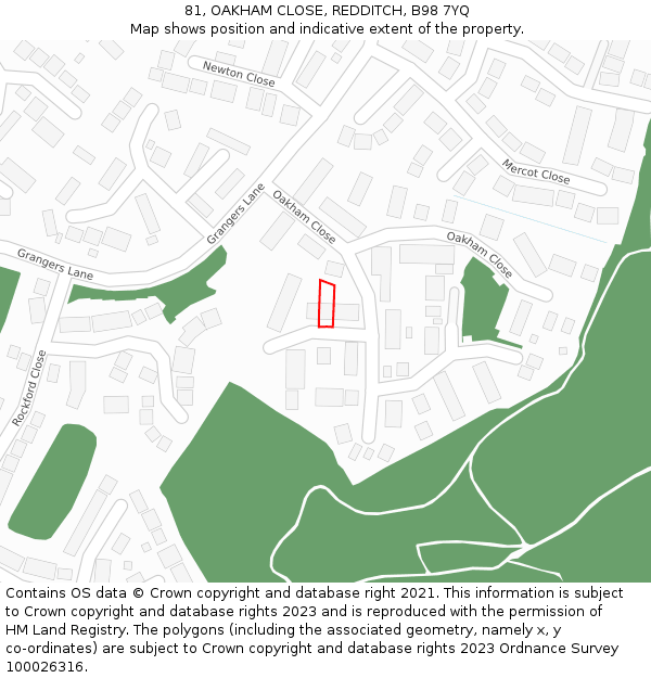 81, OAKHAM CLOSE, REDDITCH, B98 7YQ: Location map and indicative extent of plot