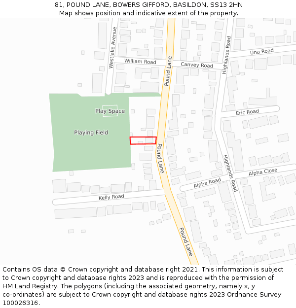 81, POUND LANE, BOWERS GIFFORD, BASILDON, SS13 2HN: Location map and indicative extent of plot