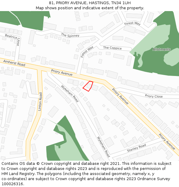 81, PRIORY AVENUE, HASTINGS, TN34 1UH: Location map and indicative extent of plot