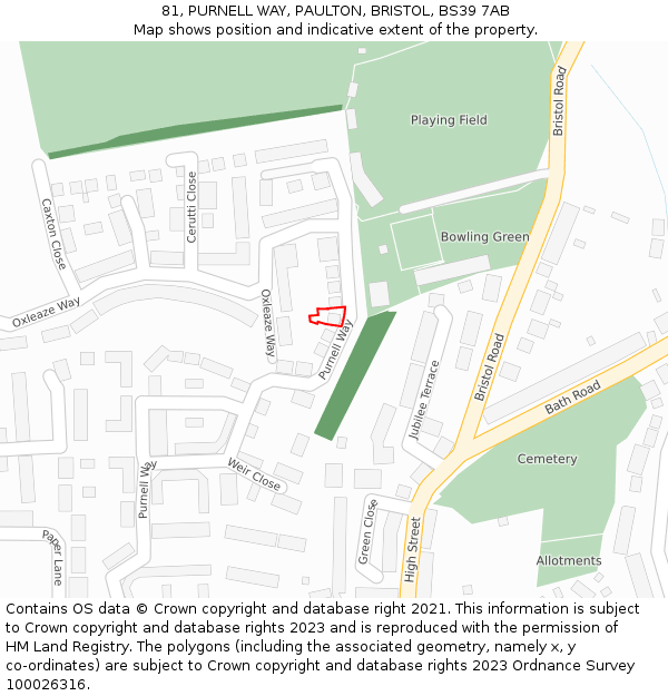 81, PURNELL WAY, PAULTON, BRISTOL, BS39 7AB: Location map and indicative extent of plot