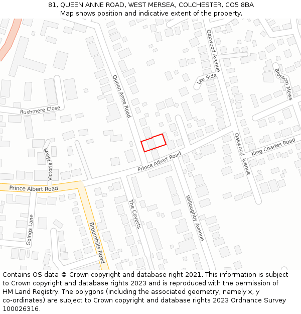 81, QUEEN ANNE ROAD, WEST MERSEA, COLCHESTER, CO5 8BA: Location map and indicative extent of plot