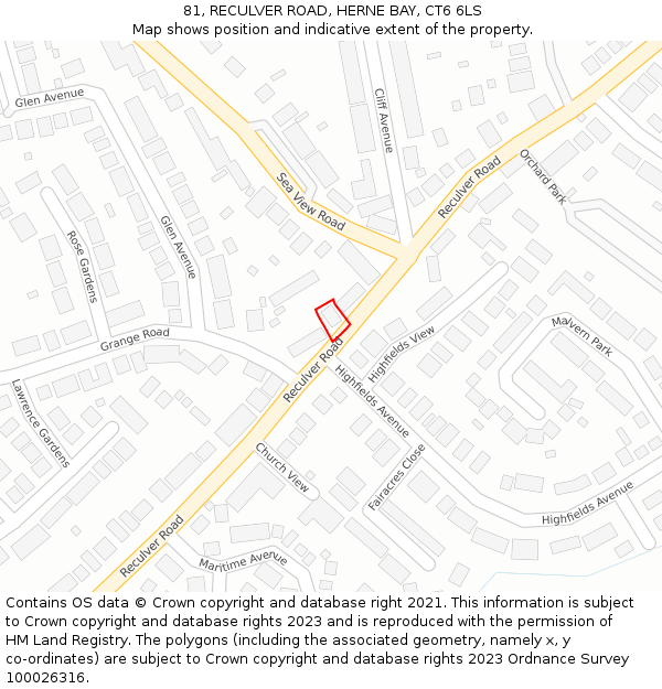 81, RECULVER ROAD, HERNE BAY, CT6 6LS: Location map and indicative extent of plot