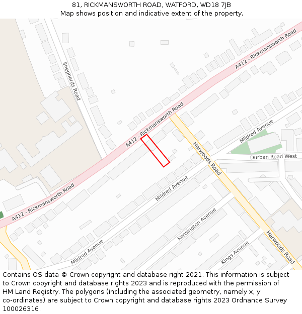 81, RICKMANSWORTH ROAD, WATFORD, WD18 7JB: Location map and indicative extent of plot