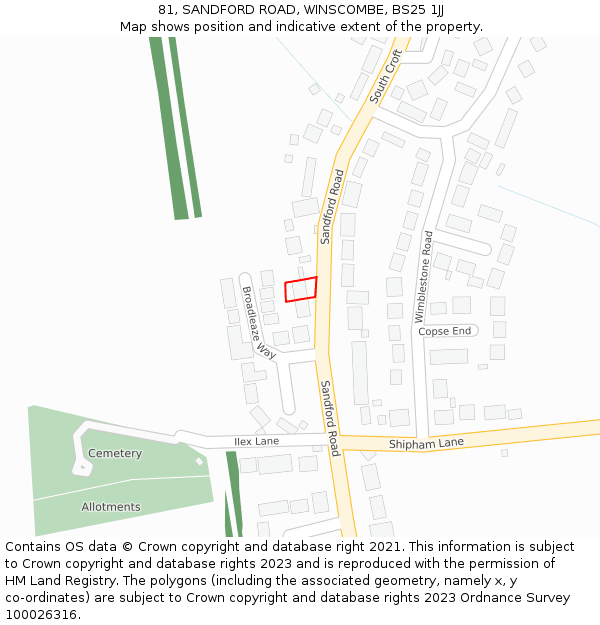 81, SANDFORD ROAD, WINSCOMBE, BS25 1JJ: Location map and indicative extent of plot