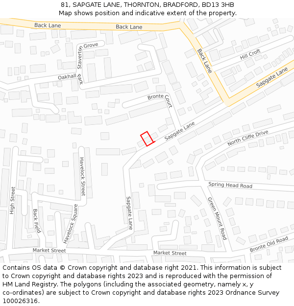 81, SAPGATE LANE, THORNTON, BRADFORD, BD13 3HB: Location map and indicative extent of plot