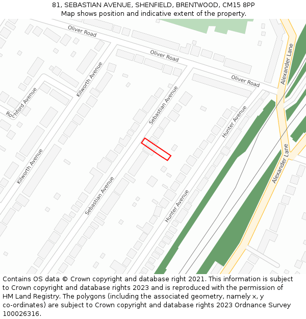 81, SEBASTIAN AVENUE, SHENFIELD, BRENTWOOD, CM15 8PP: Location map and indicative extent of plot