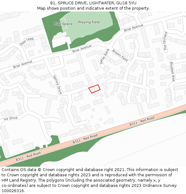 81, SPRUCE DRIVE, LIGHTWATER, GU18 5YU: Location map and indicative extent of plot