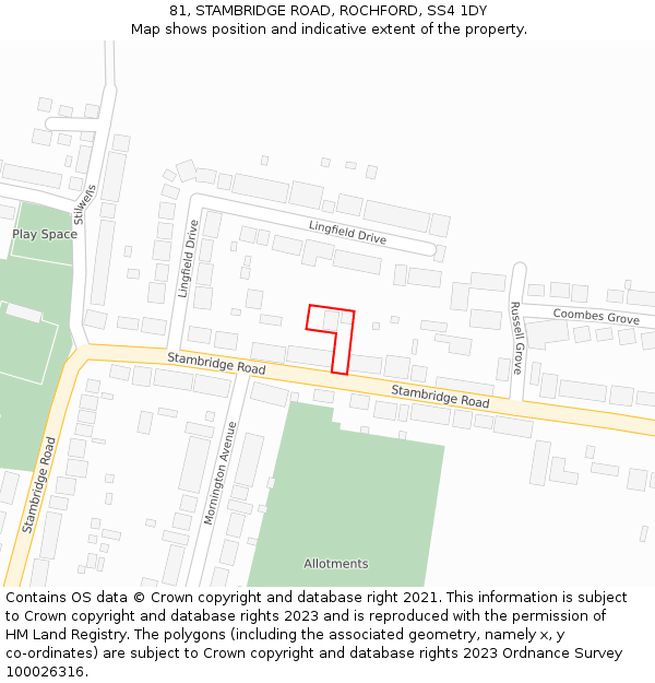 81, STAMBRIDGE ROAD, ROCHFORD, SS4 1DY: Location map and indicative extent of plot