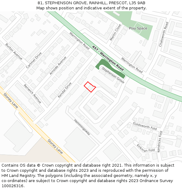 81, STEPHENSON GROVE, RAINHILL, PRESCOT, L35 9AB: Location map and indicative extent of plot