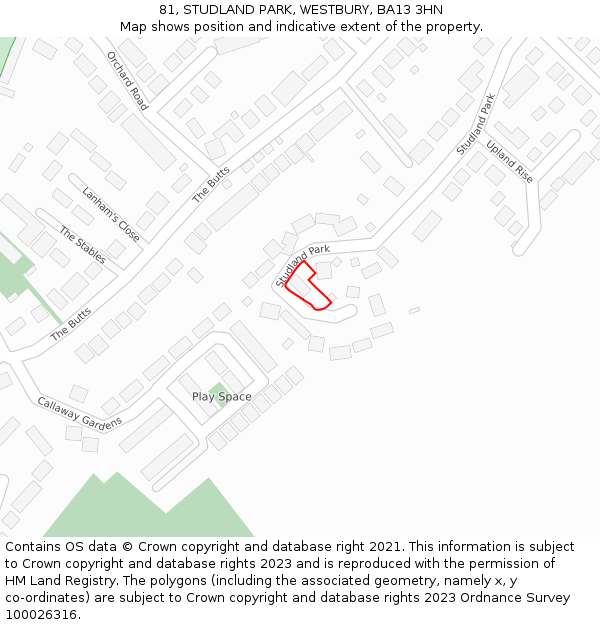 81, STUDLAND PARK, WESTBURY, BA13 3HN: Location map and indicative extent of plot